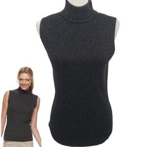 DANA BUCKMAN Mock Neck Sleeveless Tank Sweater Top Black Glitter Size Medium